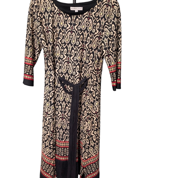 Robbie Bee Metallic Gold & Black Patterned Mini Dress with Belt - Size M - Picture 2 of 8